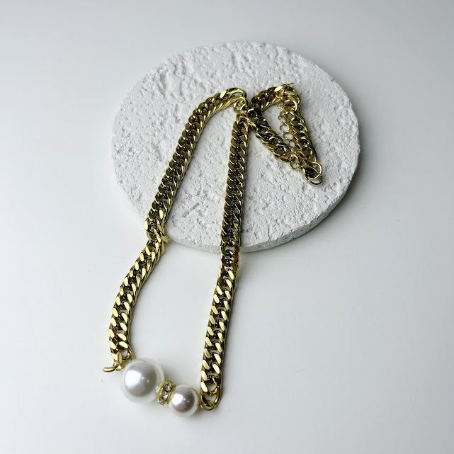 Collar Acero Inoxidable Cadena Gruesa 2 Perlas Con Zirconia
