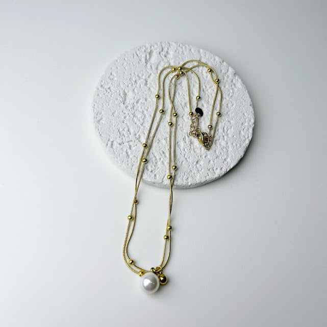 Collar Acero Inoxidable Doble Cadena Con Bolitas y 1 Perla
