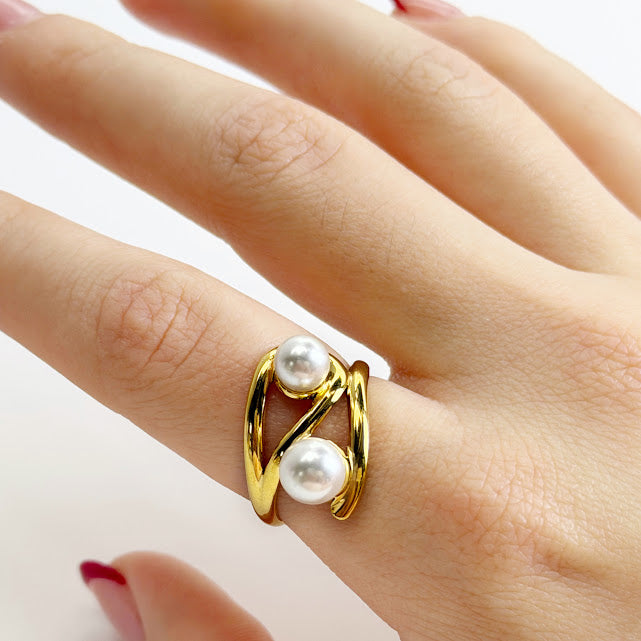 Anillo Acero Inoxidable Entrelazado 2 Perlas
