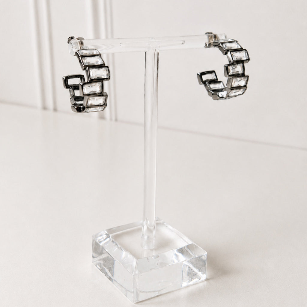 Aretes Acero Inoxidable  Aro media luna 10 baguettes de zirconia