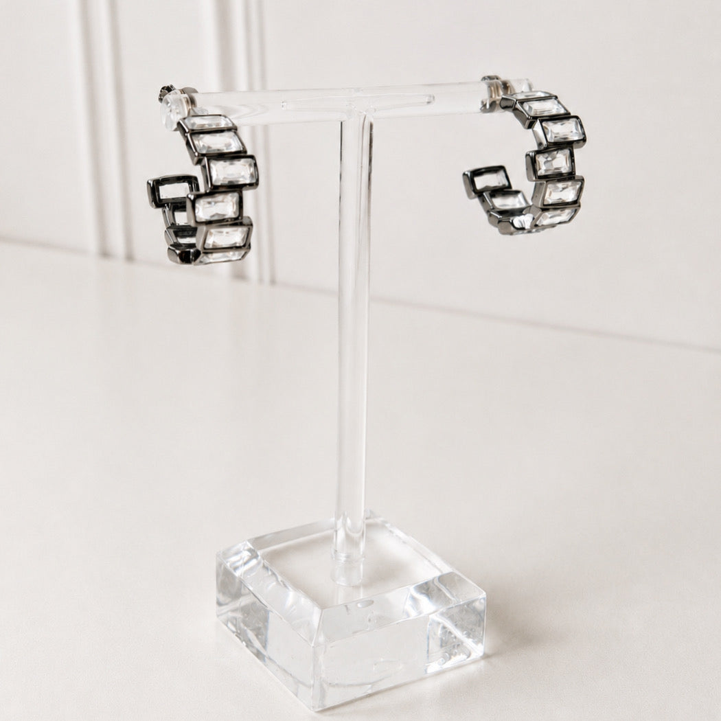 Aretes Acero Inoxidable  Aro media luna 10 baguettes de zirconia