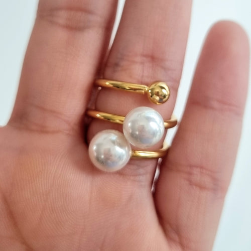 Anillo Acero Inoxidable 2 Perlas 1 Bola