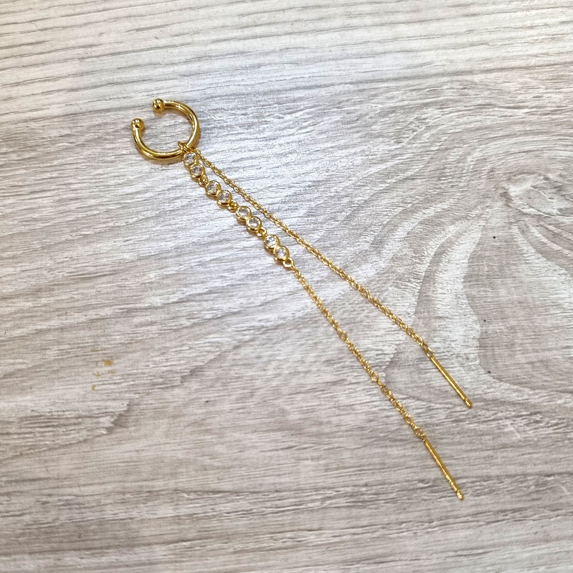 Earcuff Plata 925 con Chapa de Oro 2 Cadenas Largo