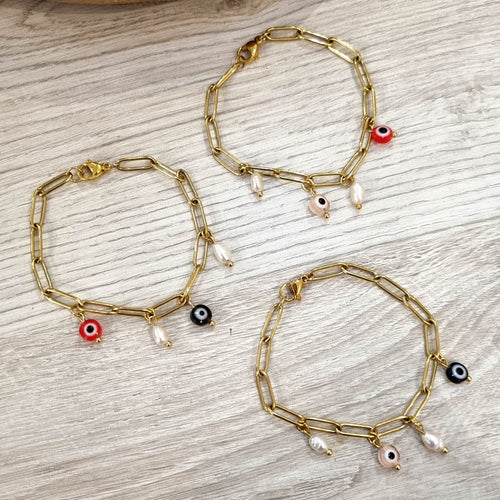 Pulsera Acero Inoxidable Ojitos con Perlas