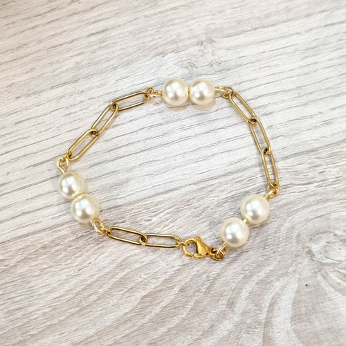 Pulsera Acero Inoxidable Perlas y Eslabon