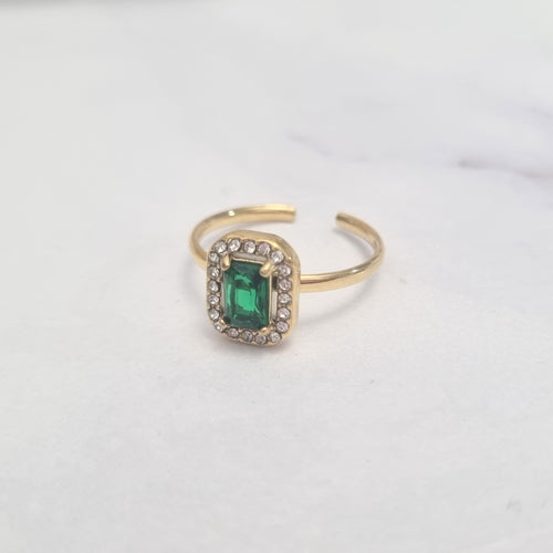 Anillo Acero Inoxidable Baguette Verde