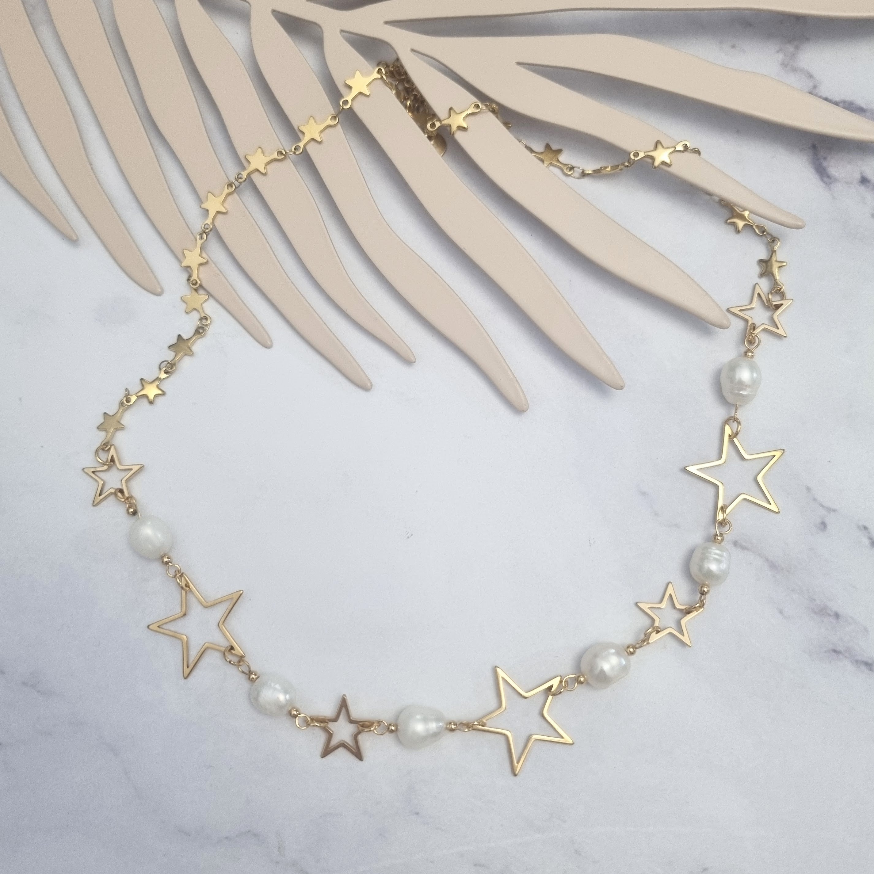 Collar Acero Inoxidable con Estrellas y Perlas