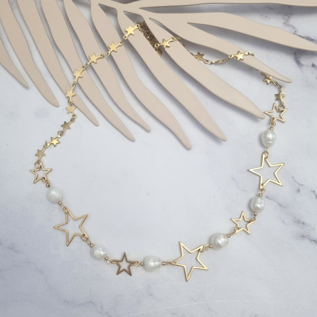 Collar Acero Inoxidable con Estrellas y Perlas