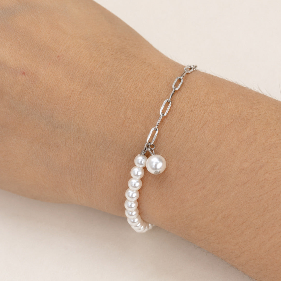 Pulsera Acero Inoxidable Eslabon y Perlas Cristal