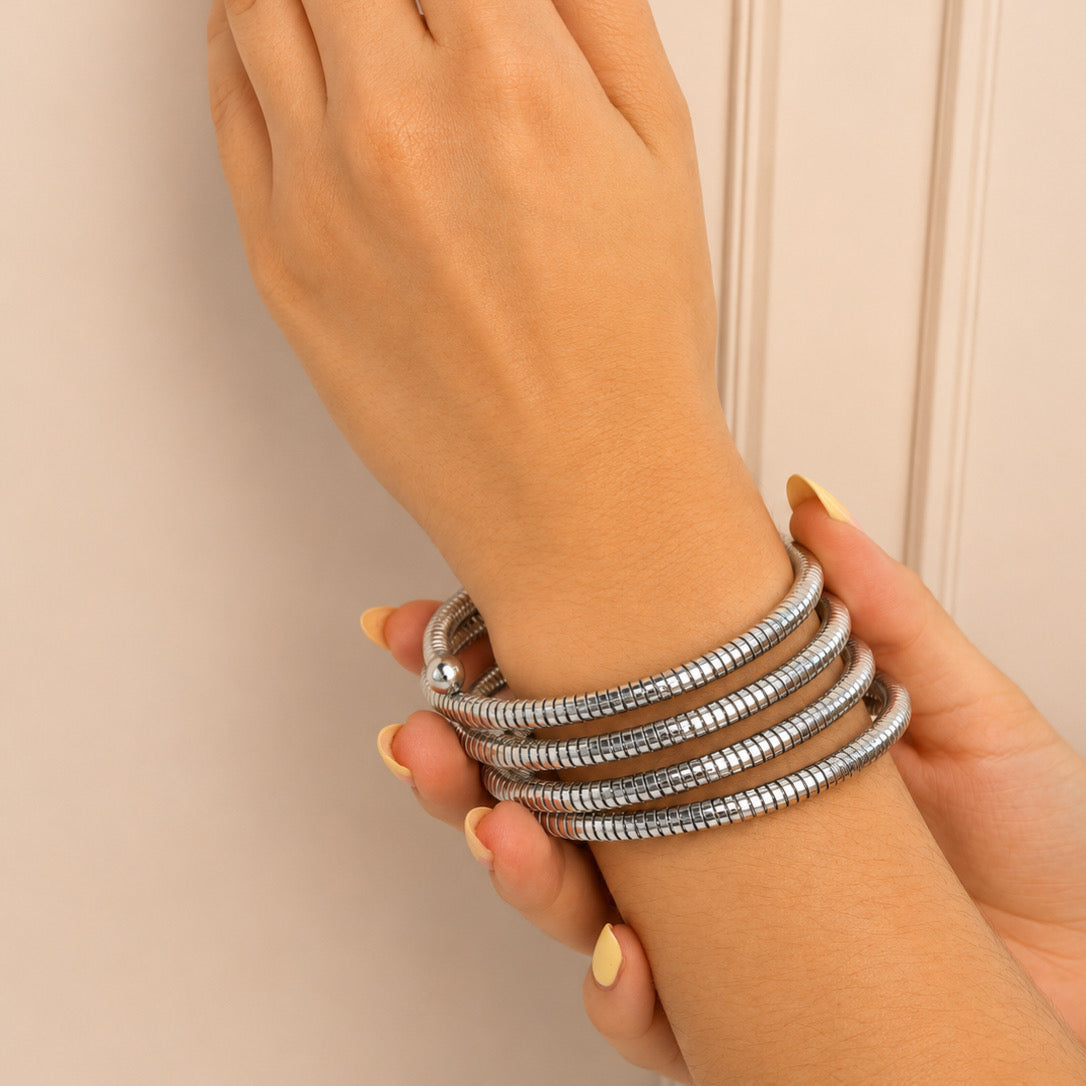 Pulsera Acero Inoxidable Plateada 5 Vueltas