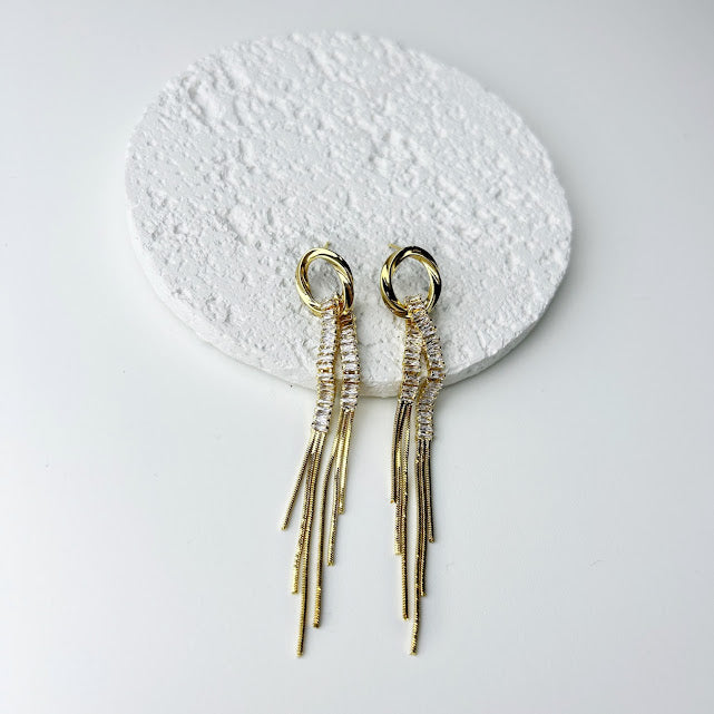Aretes Acero Inoxidable Circulo 2 Cadenas Baguettes