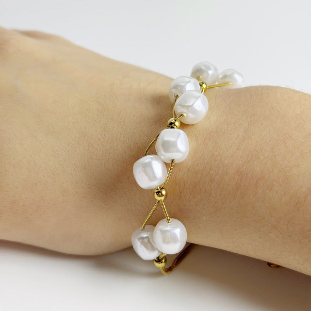 Pulsera Acero Inoxidable Doble Con Perlas y Bolitas