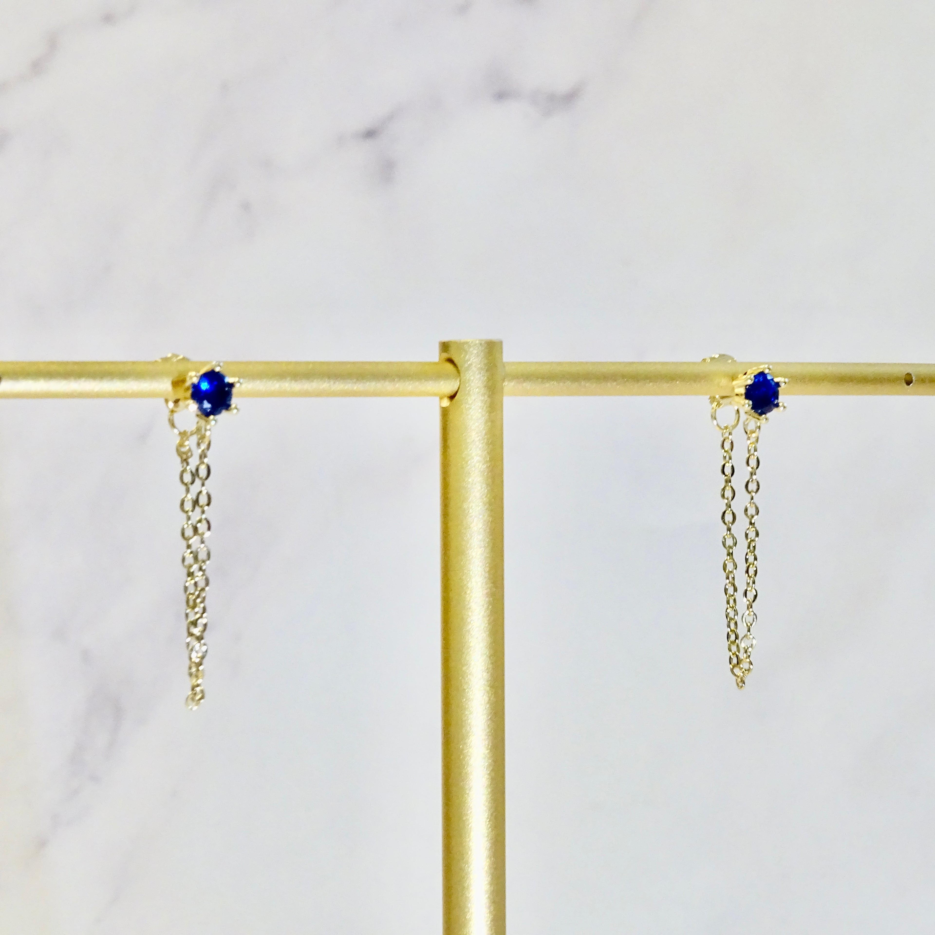 Aretes Plata .925 con Chapa de Oro Piedra Azul con Cadena