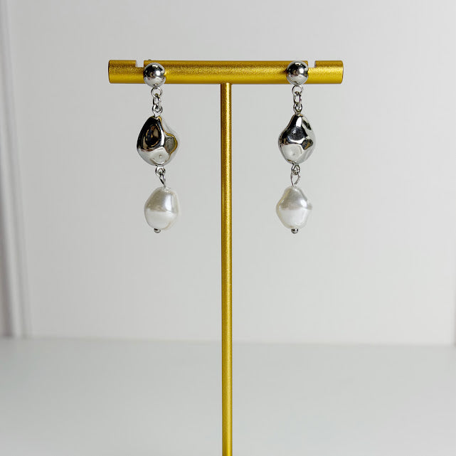 Aretes Acero Inoxidable 2 Perlas Colgantes