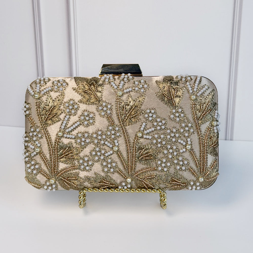 Bolsa Dorada Ramas Con Perlas