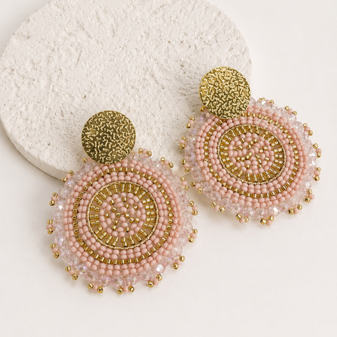 Aretes Chapa De Oro Gota Circular Chaquira Rosa