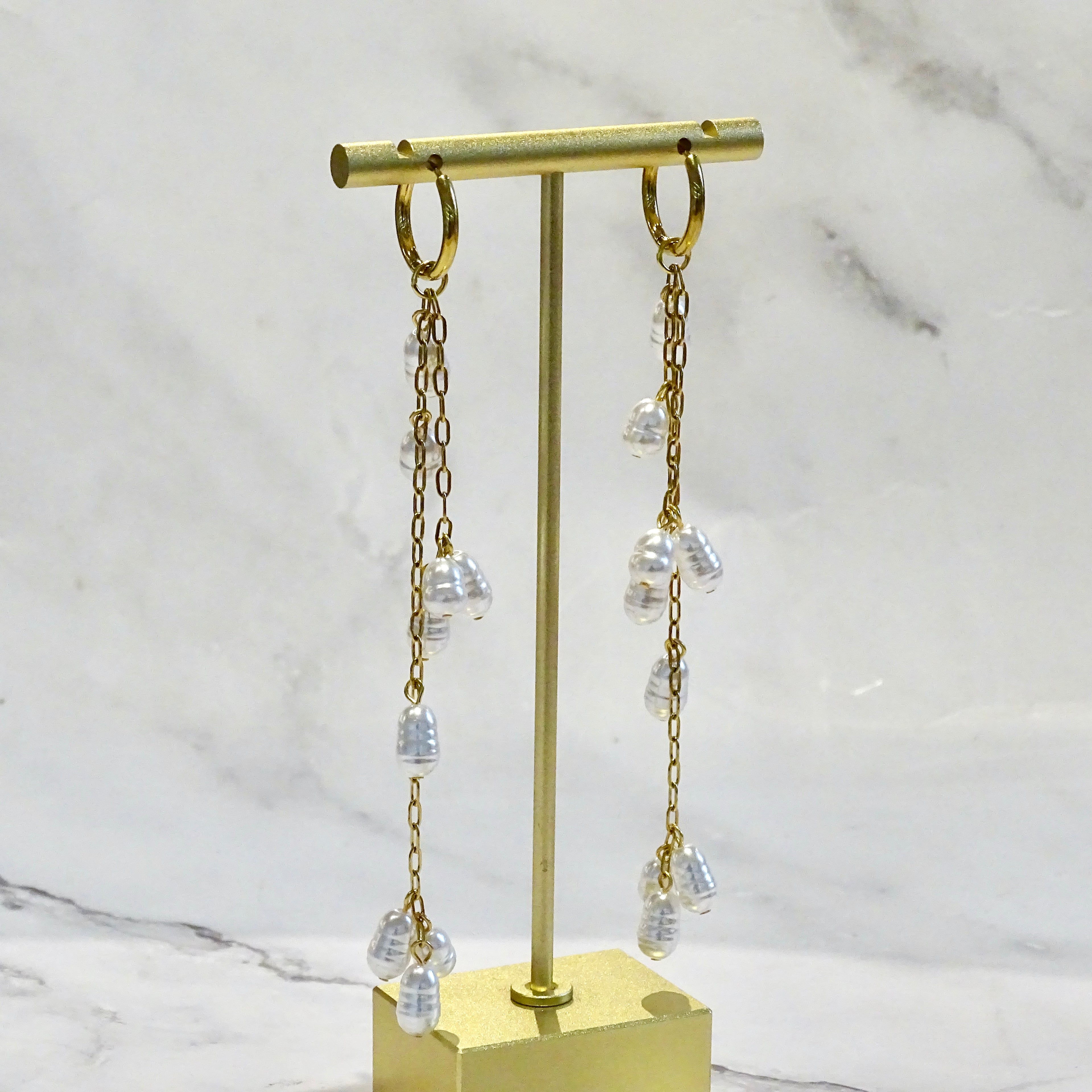 Arracadas Acero Inoxidable Cadena con Perlas