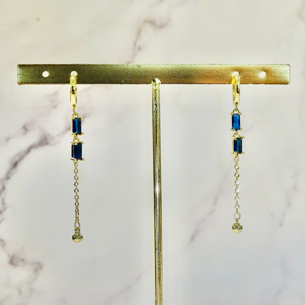 Aretes Plata .925 con Chapa de Oro Piedra Azul Doble con Cadena