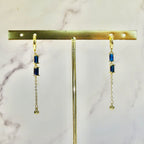 Aretes Plata .925 con Chapa de Oro Piedra Azul Doble con Cadena