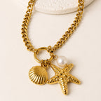 Collar Acero Inoxidable cadena gruesa aro ,dije estrella de mar, concha, perla