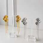 Aretes Acero Inoxidable Flores con textura y 3 cadenas lisas