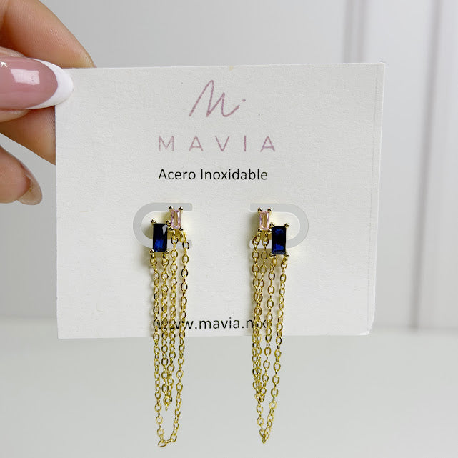 Aretes Plata 925 Cadena Baguette Rosa y Azul