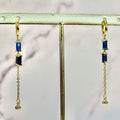 Aretes Plata .925 con Chapa de Oro Piedra Azul Doble con Cadena