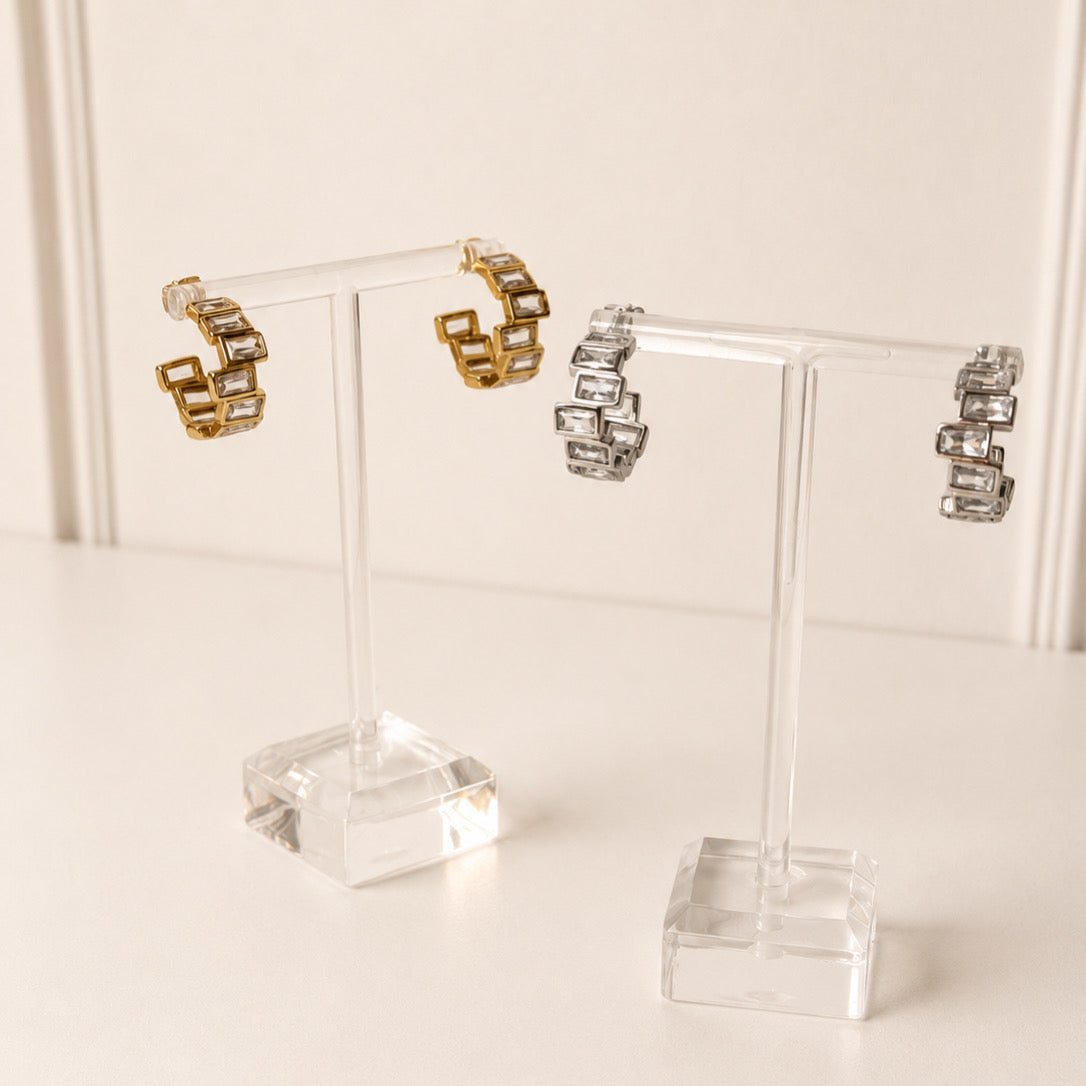 Aretes Acero Inoxidable  Aro media luna 10 baguettes de zirconia