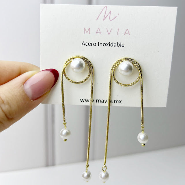 Aretes Acero Inoxidable Cadena Lisa Con 3 Perlas