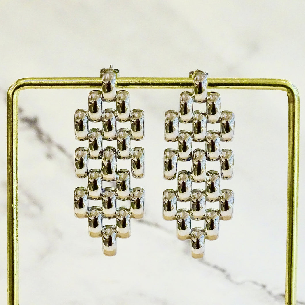 Aretes Acero Inoxidable Tejido Chevron Plateados