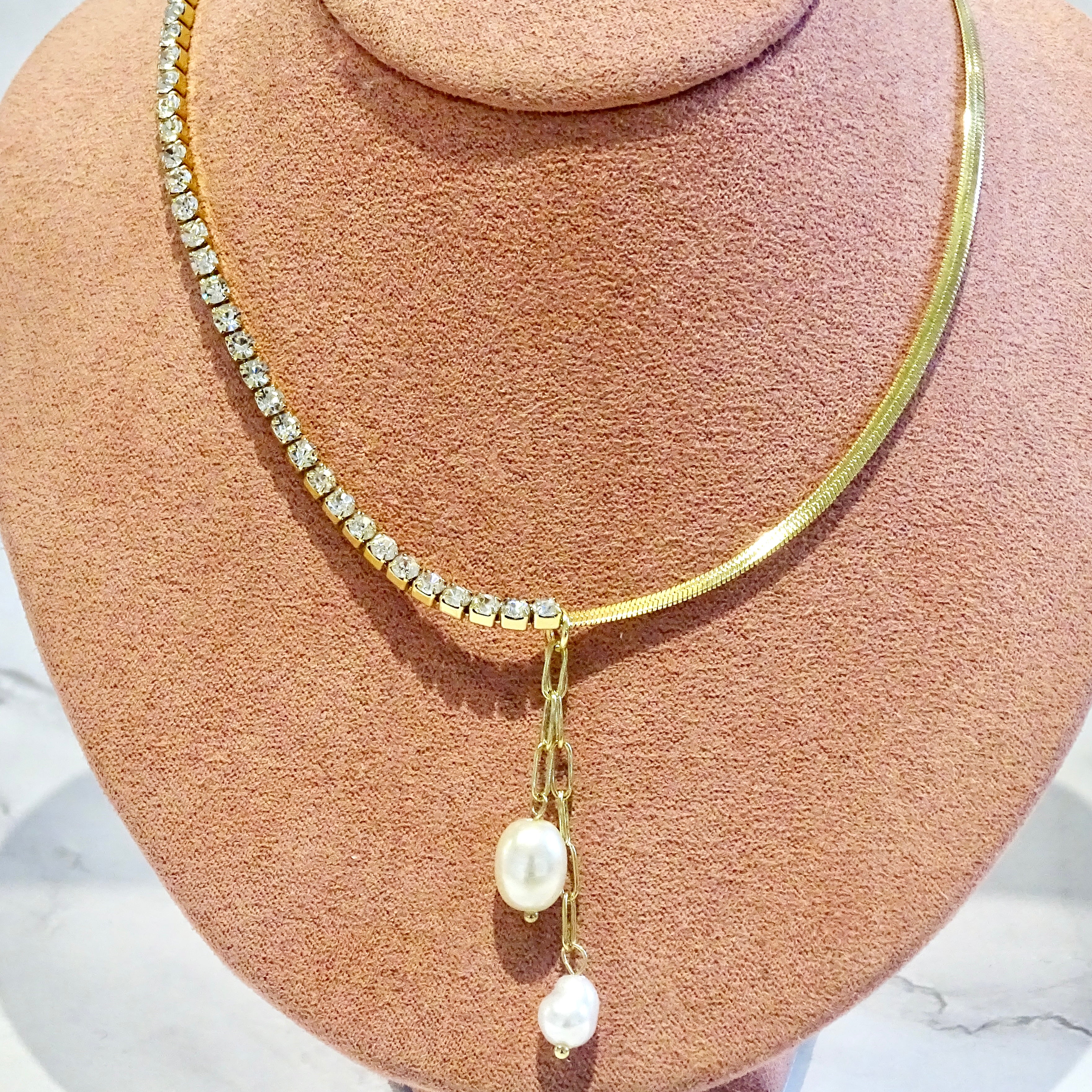 Collar Acero Inoxidable Tenis con Cadena Lisa y Perlas Colgantes
