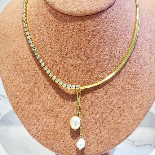 Collar Acero Inoxidable Tenis con Cadena Lisa y Perlas Colgantes