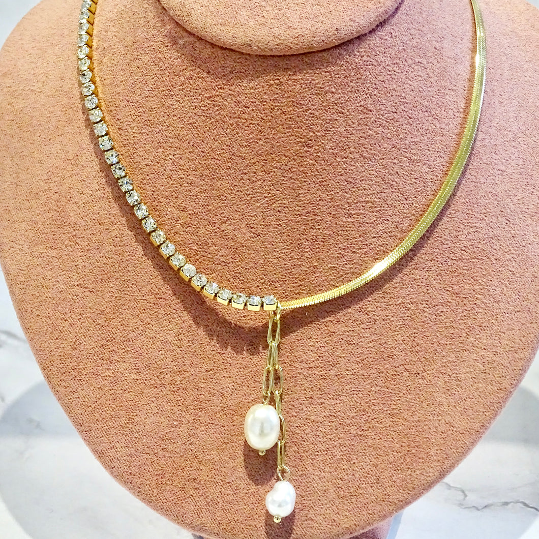 Collar Acero Inoxidable Tenis con Cadena Lisa y Perlas Colgantes