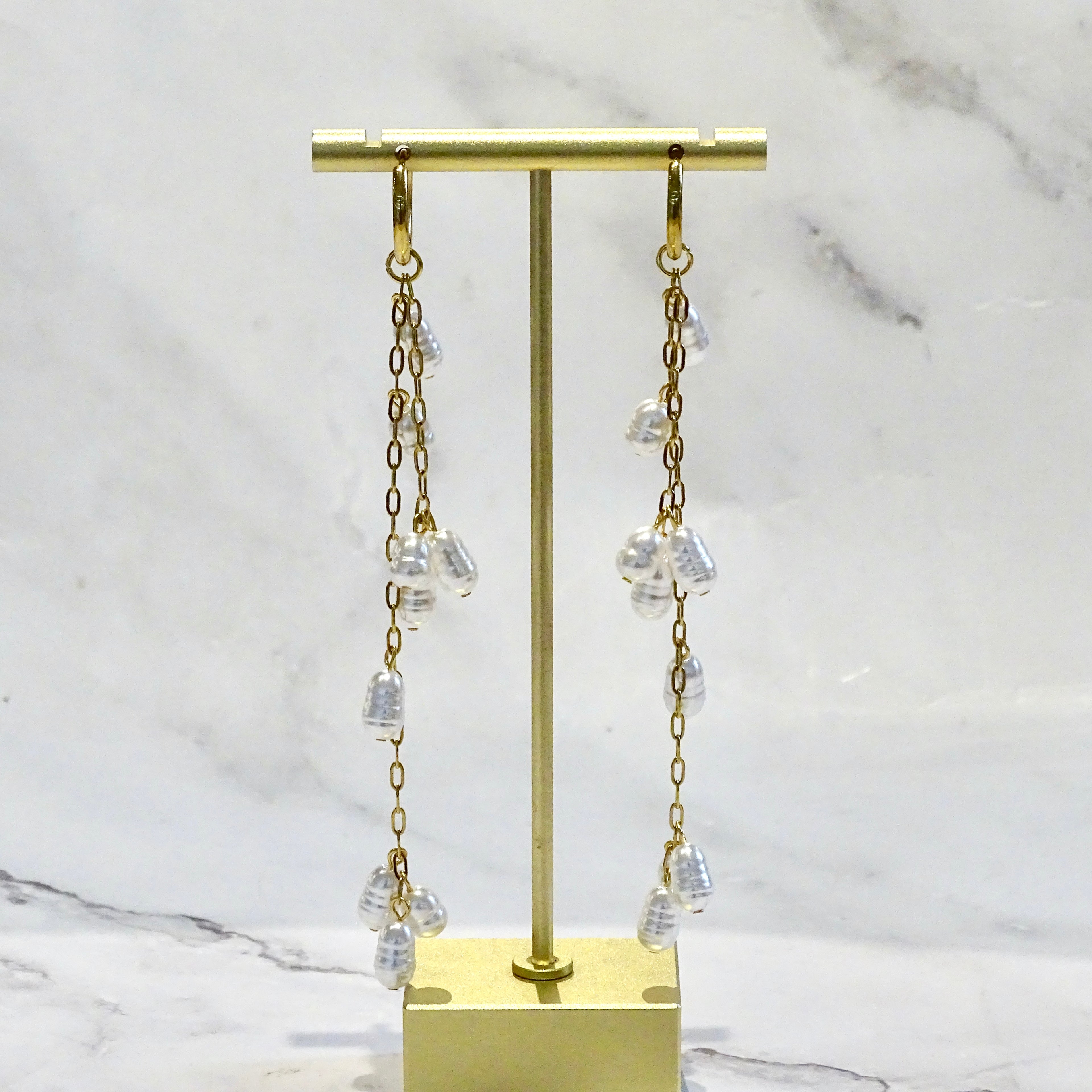 Arracadas Acero Inoxidable Cadena con Perlas