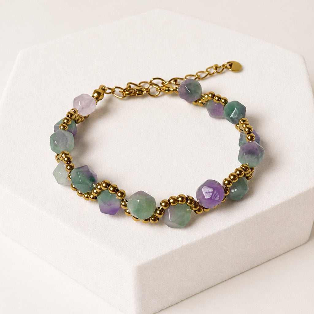 Pulsera Acero Inoxidable Con Piedra degrada verde morada y bolitas doradas