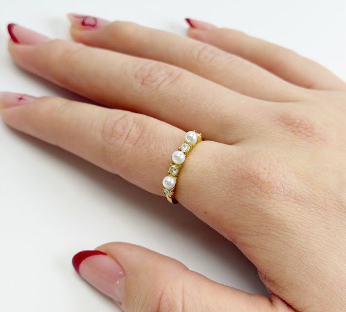 Anillo Acero Inoxidable 3 Perlas Con Cristales