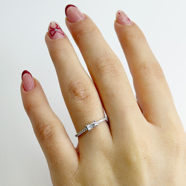 Anillo Plata 925 Baguette Rectangular Con Cristales