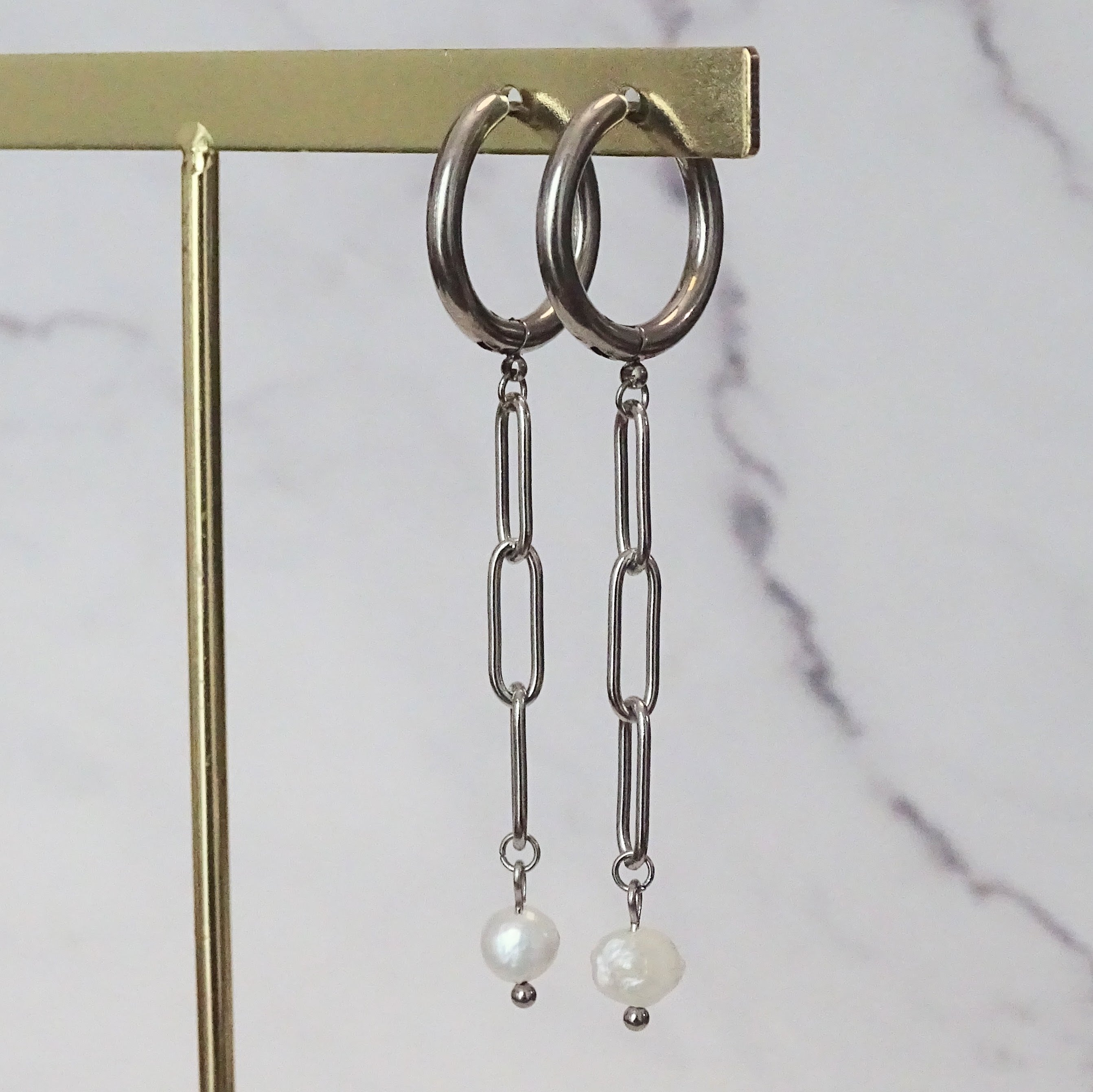 Aretes Acero Inoxidable Eslabon Clip y Perla