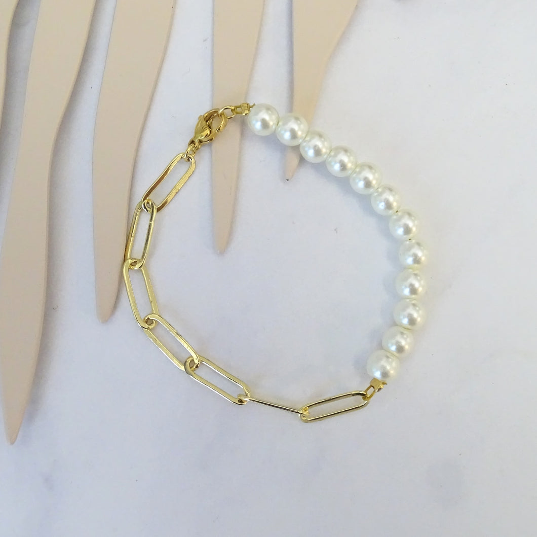 Pulsera Chapa de Oro Perla Cristal con Clip Plano