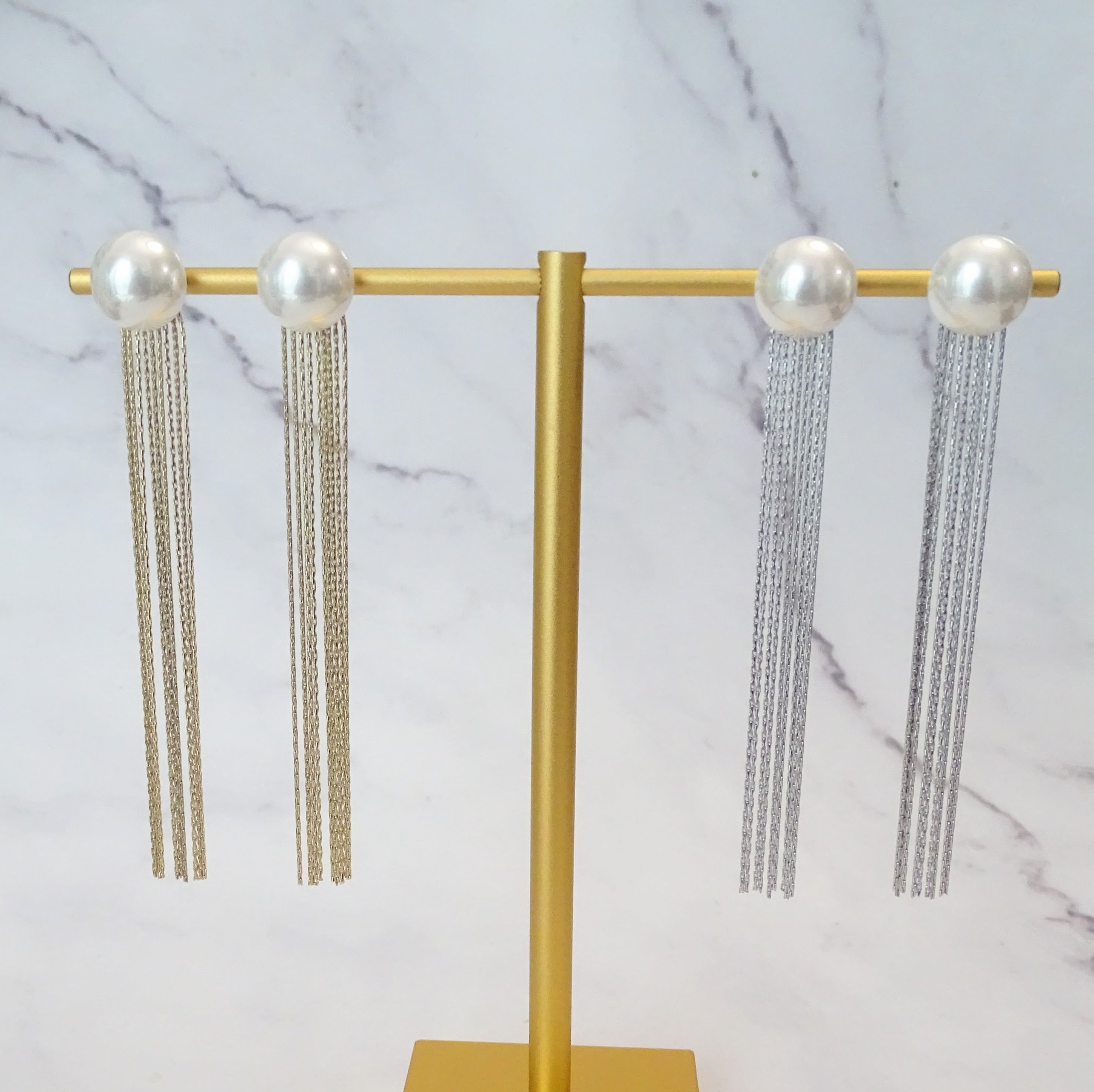 Aretes Acero Inoxidable Perla y Tiras