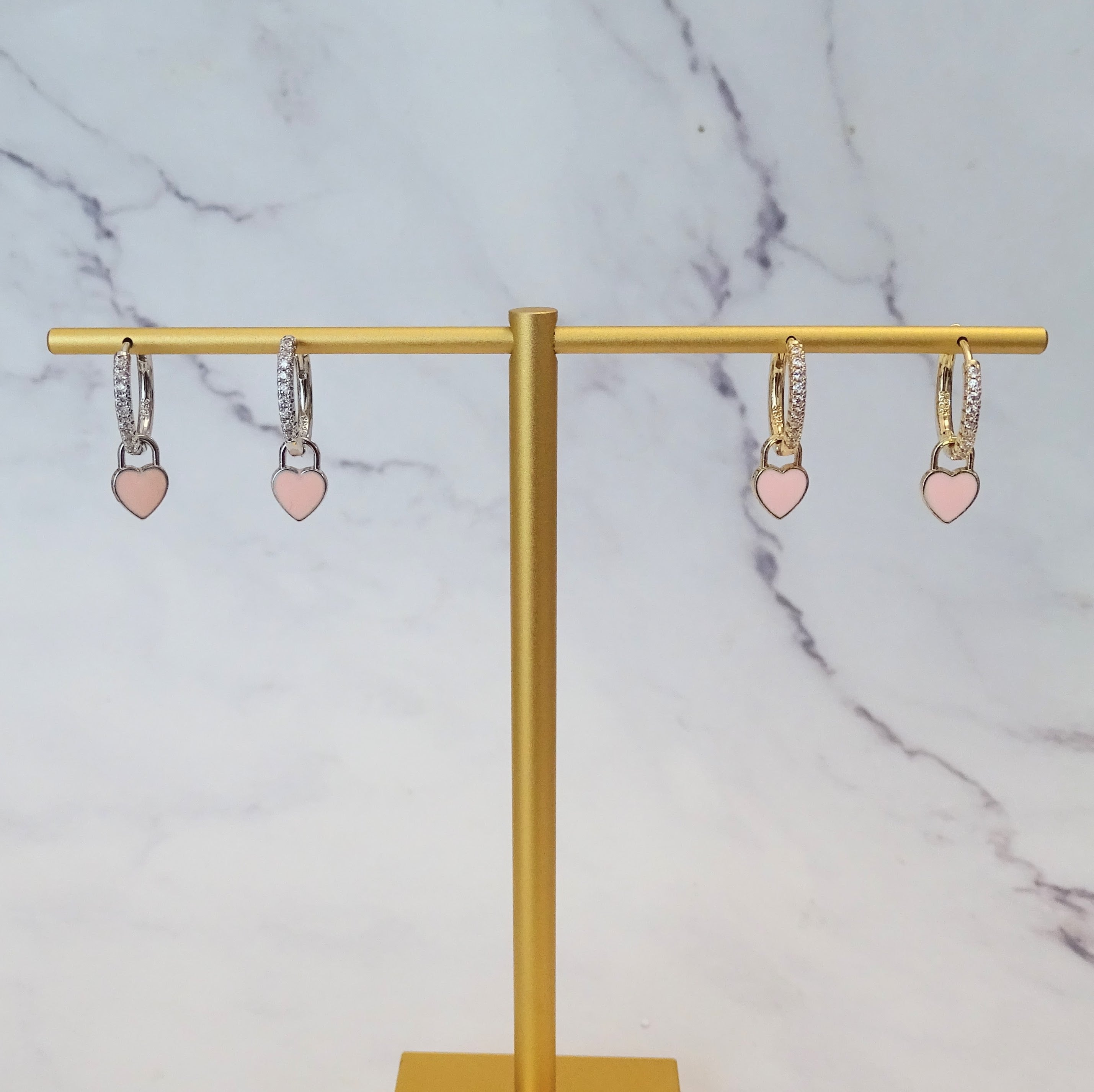 Huggies Plata 925 con Chapa de Oro Corazon Rosa Pastel