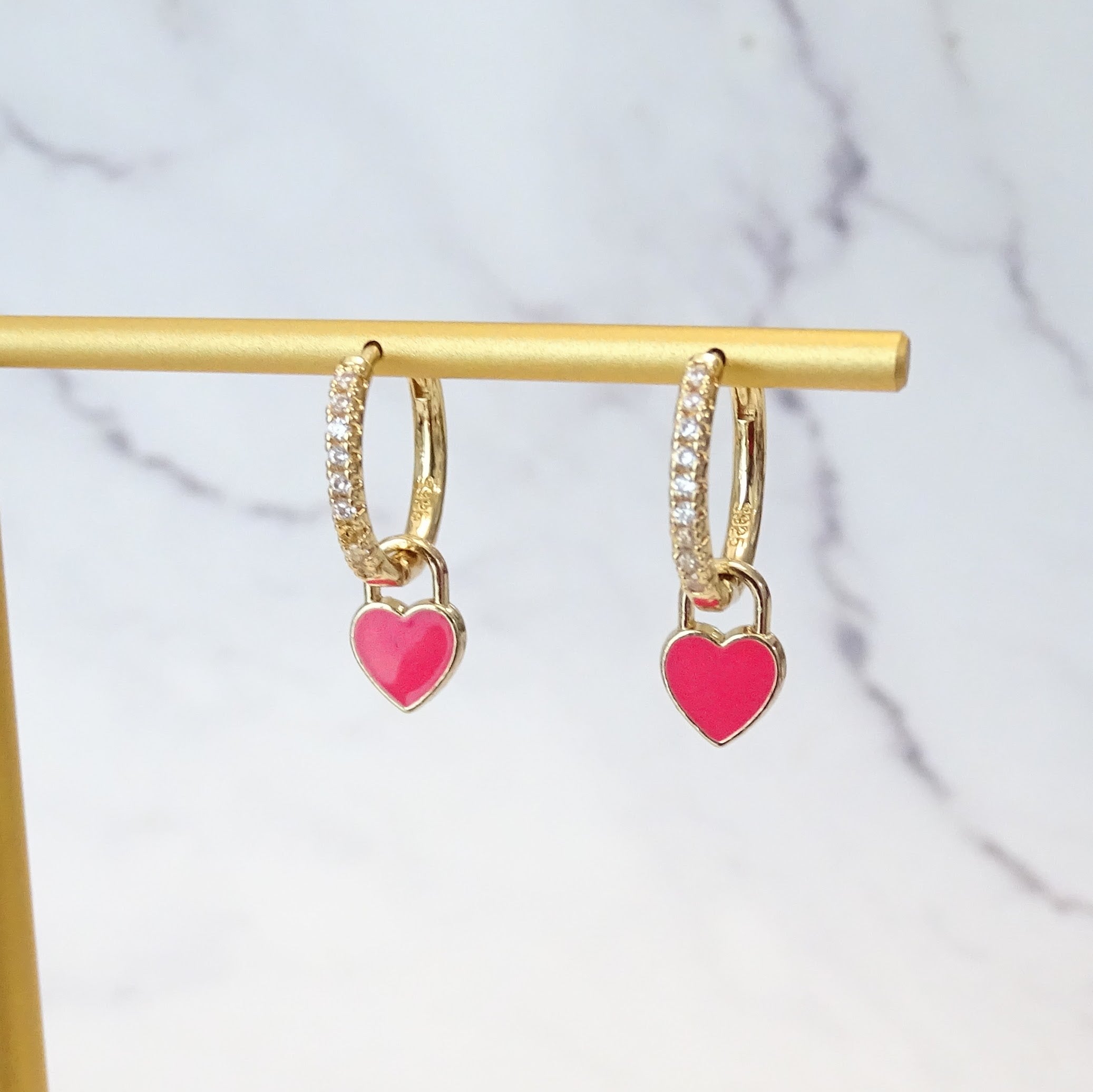 Huggies Plata 925 con Chapa de Oro Corazon Rosa