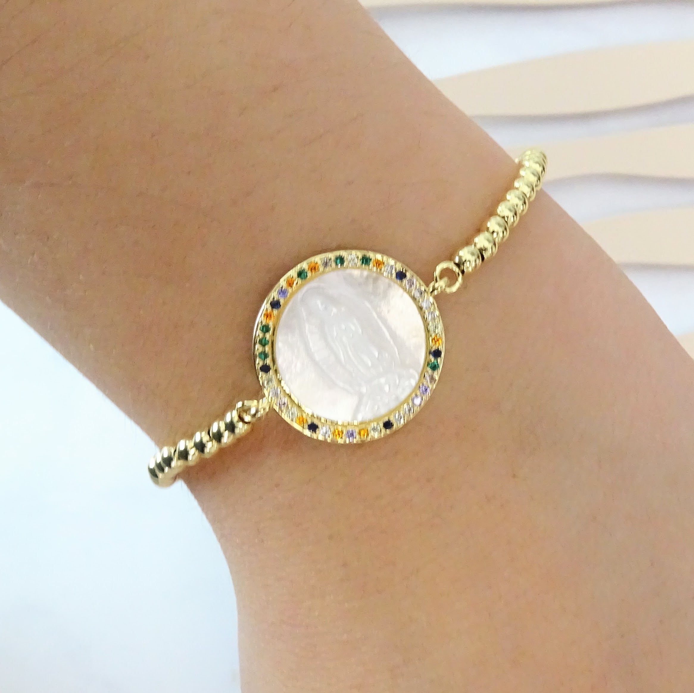 Pulsera Chapa de Oro Virgen Madre Perla