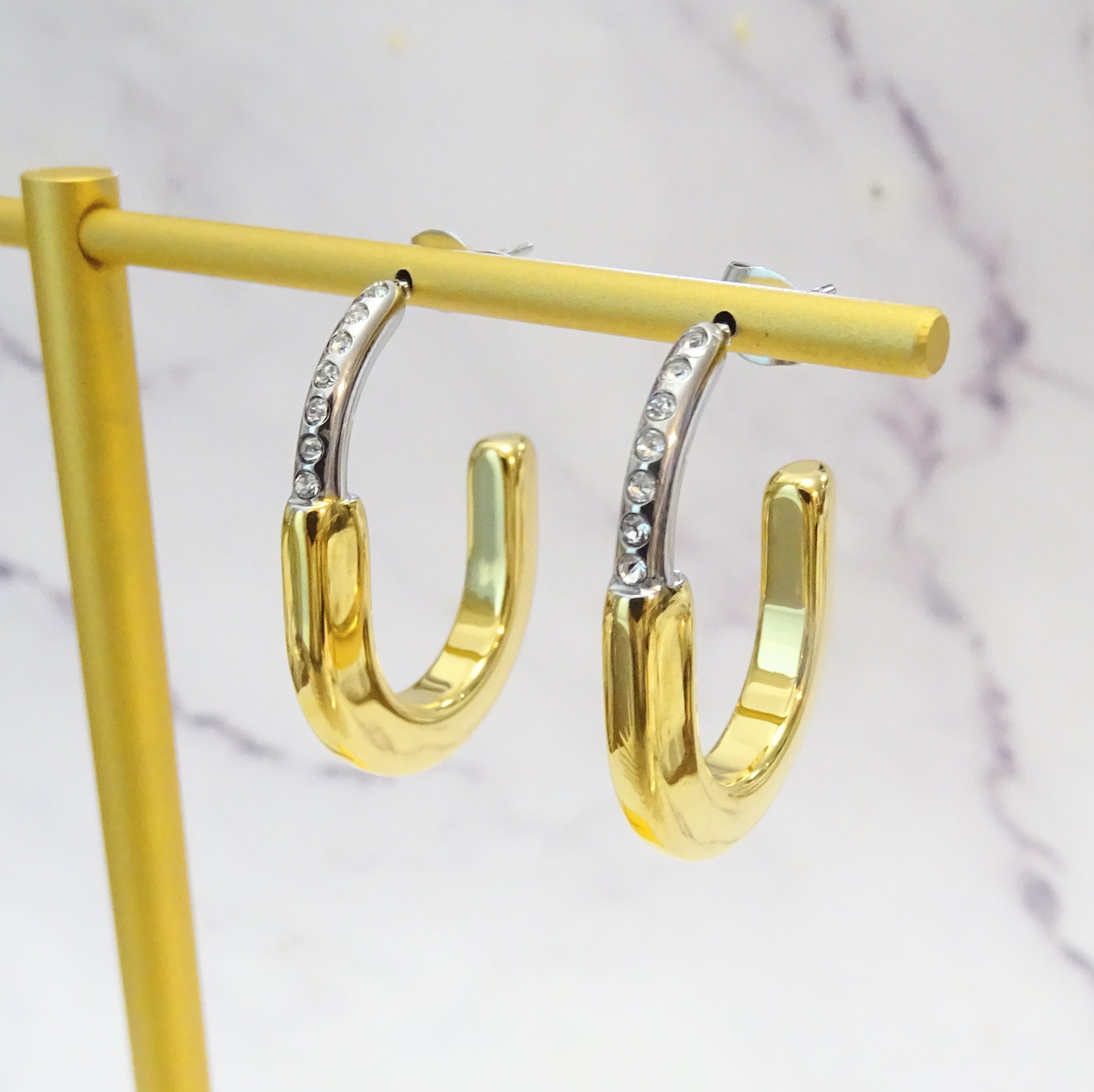 Arracadas Acero Inoxidable Semi Grande Con Cristales Bicolor