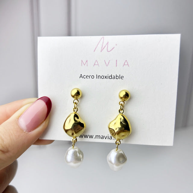 Aretes Acero Inoxidable 2 Perlas Colgantes