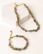 Pulsera Acero Inoxidable Con Piedra degrada verde morada y bolitas doradas