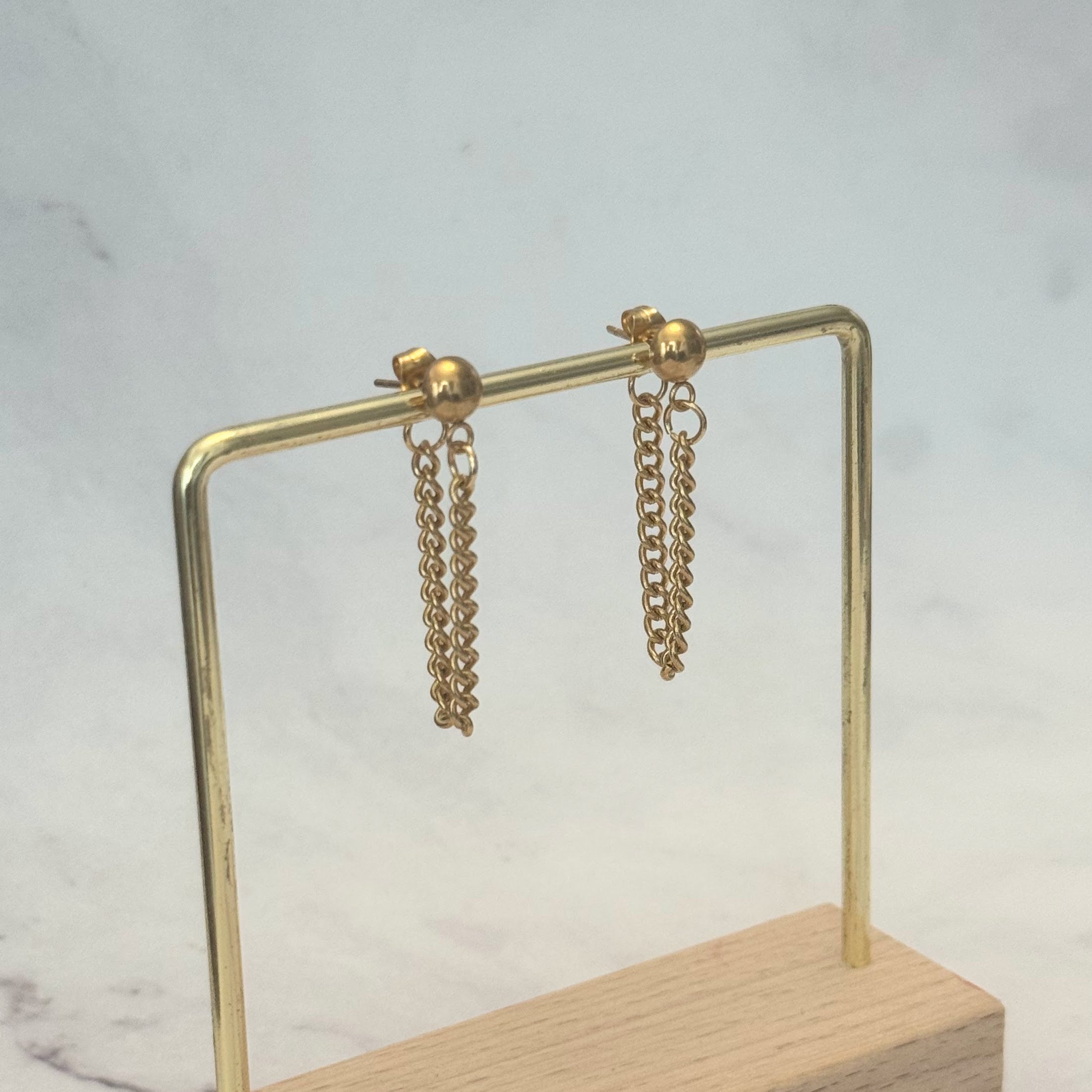 Aretes Dorados Acero Inoxidable Doble Cadena