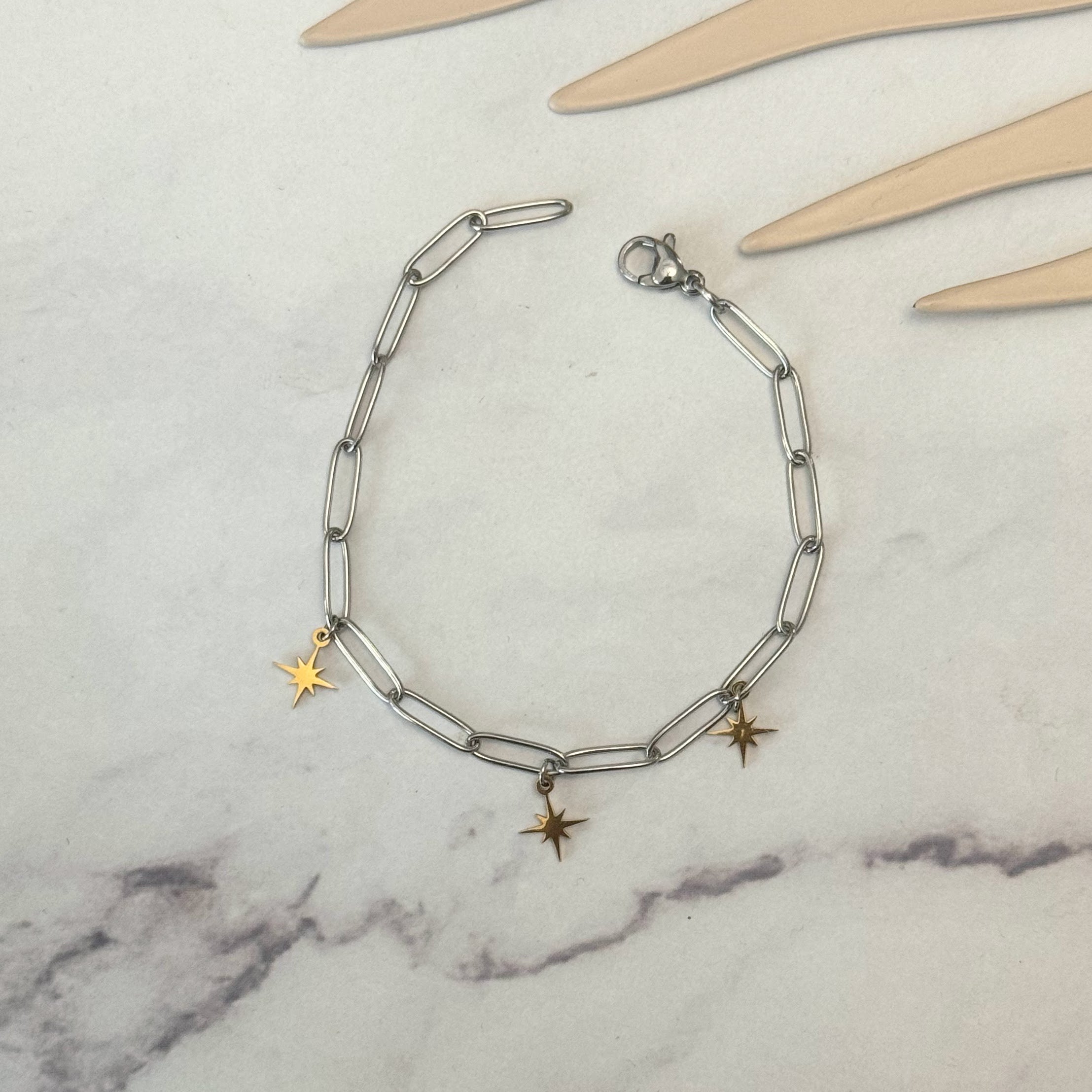 Pulsera Acero Inoxidable Eslabon y Estrellas