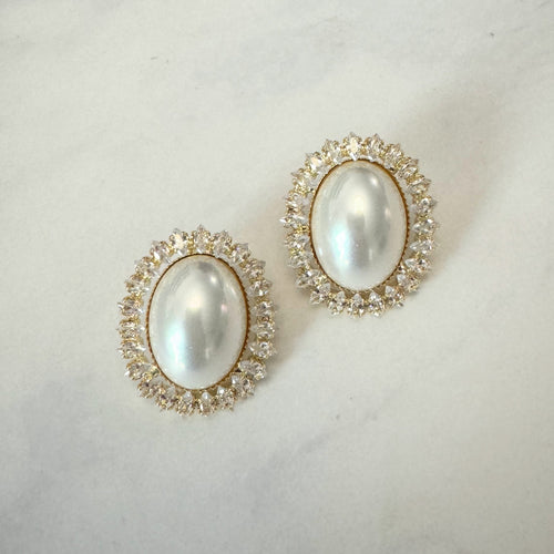 Aretes Oro Laminado Perla con Marco Pave