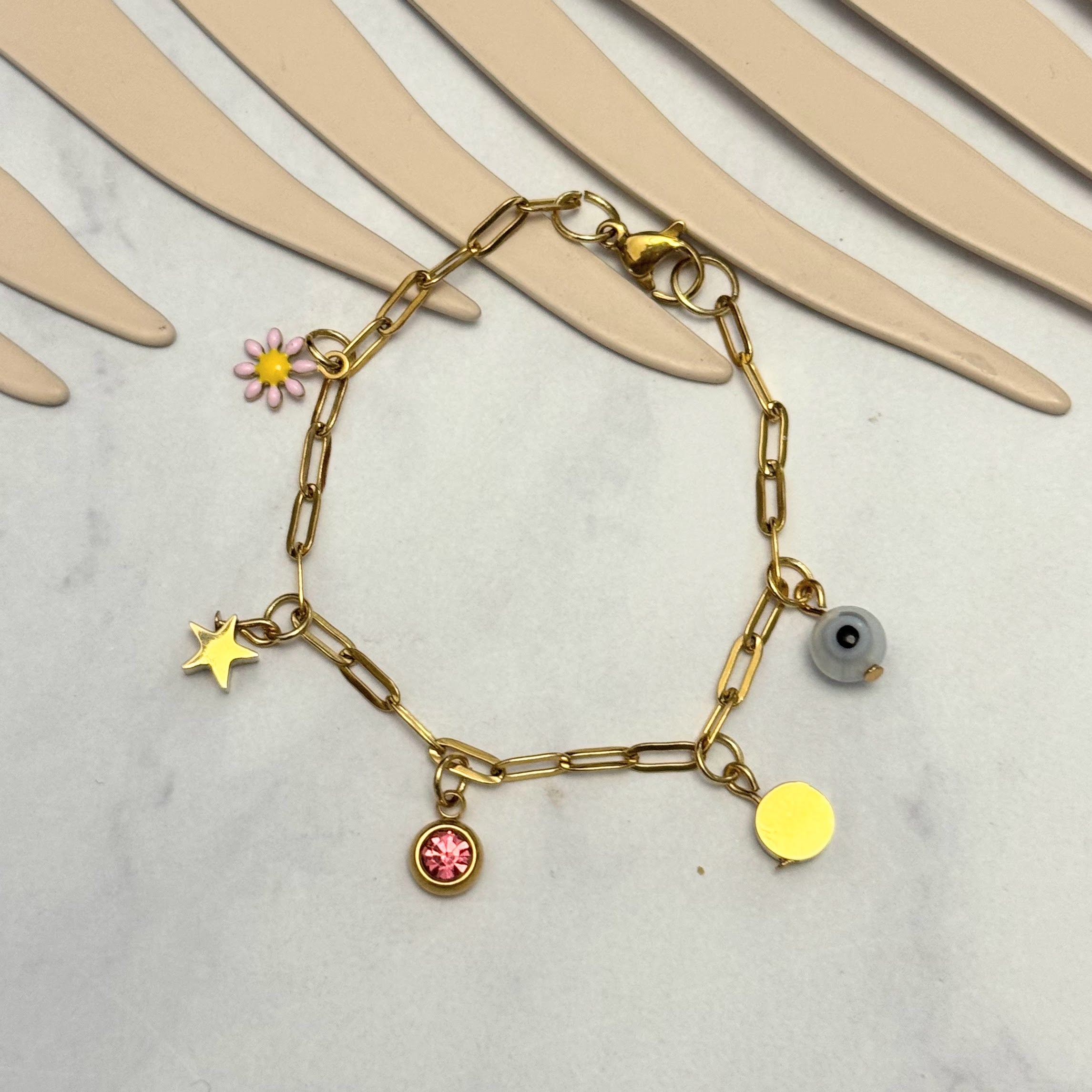 Pulsera Acero Inoxidable Ojito Blanco y Dijes